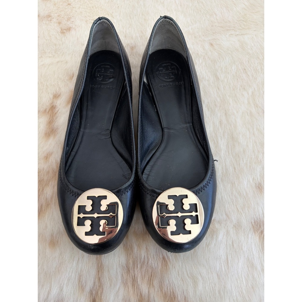 Tory Burch Minnie Travel Ballet Flats Black Leather Gold Logo 8.5M